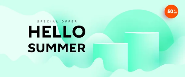 Hello Summer Sale Horizontal Banner Trendy Bright Mint Colors Podium — Stock Vector