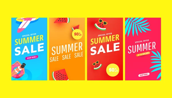 Zomer Verhaal Vector Illustratie Pack Met Tropische Bladeren Bellenvormen Strand — Stockvector