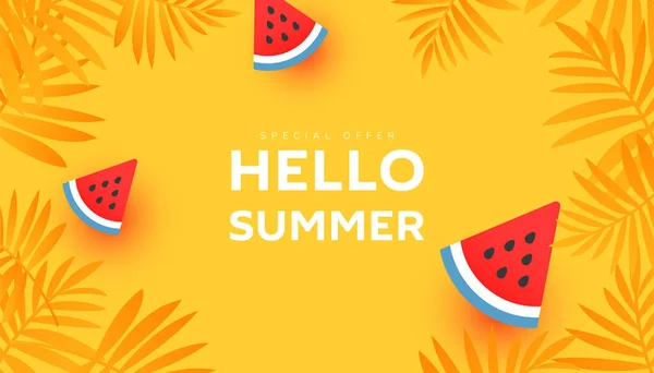 Hello Summer Sale Banner Design Tropical Leaves Ripe Armelon Slices — стоковый вектор