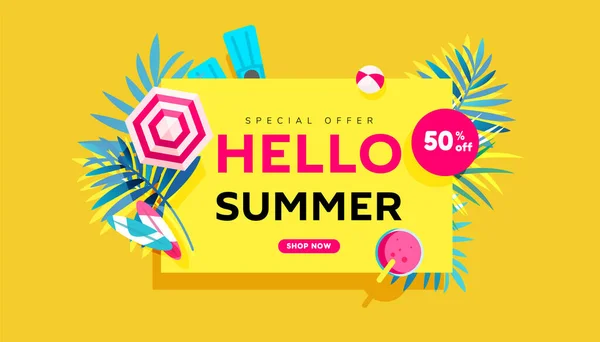 Creatief Hello Zomer Sale Banner Trendy Heldere Kleuren Met Tropische — Stockvector