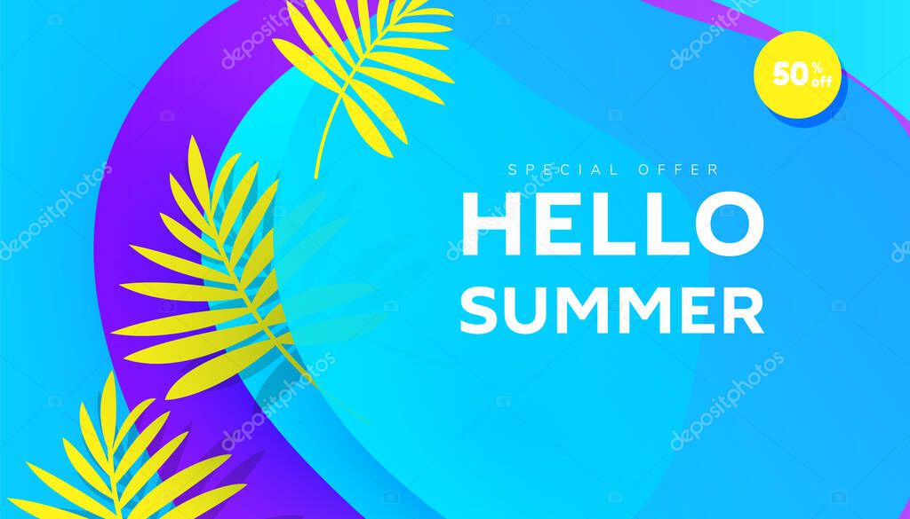 Creative Hello summer holiday sale banner in trendy bright colors with tropical leaves and discount text. Promotion banner for website, flyer and poster. Vector illustration