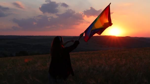 Joven feliz chica libre con brillante bandera LGBT en un campo en flor al atardecer. Mano ondeando la bandera del arco iris en el viento — Vídeo de stock