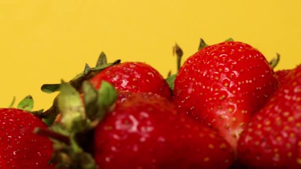 Fragole fresche bacche estive vicino isolato su sfondo giallo. Sfondo fragola. Cibo vegano sano. — Video Stock