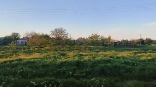 Treinrit passagier zijraam met prachtig panoramisch landschap van de natuur, groene bomen, struiken in de lente — Stockvideo