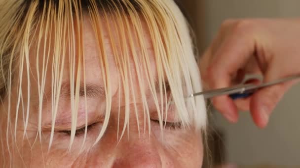 Close-up of female daughter hands cutting hair of mother — Vídeo de stock