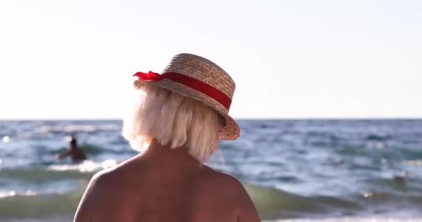 View from the back woman in a straw hat and swimsuit looking at blue sea, enjoying a beautiful view of the seascape — Video