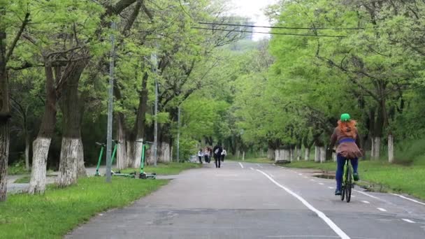 Mężczyzna w odzieży sportowej jeździ ścieżką rowerową w miejskim letnim parku. — Wideo stockowe