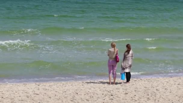 Deux jeunes filles en maillots de bain de plage se tiennent sur le sable du bord de la mer et profitent d'une belle vue sur la mer ou l'océan — Video