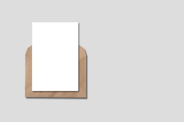 Leere Weiße Karte Mit Bastelpapier Briefumschlagschablone Auf Grauem Hintergrund Flache — Stockfoto