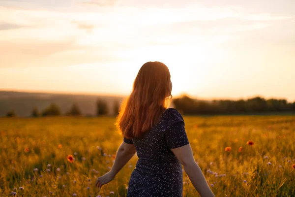 Çiçekli mutlu kadın tarlada günbatımının tadını çıkarıyor. — Stok fotoğraf