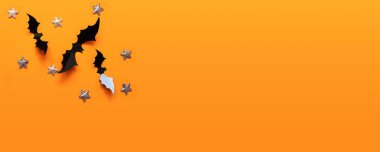 Cadılar Bayramı afişi siyah ama turuncu arka planda, üst manzara. Poster, fiş, teklif, kupon, tatil indirimi.