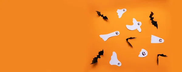 Halloween Flat Lay Composição Abóbora Laranja Morcegos Pretos Moldes Papel — Fotografia de Stock