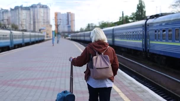 Dospělá blondýnka cestovatel stojící se zavazadly na vlakovém nádraží. Cestovní koncept — Stock video