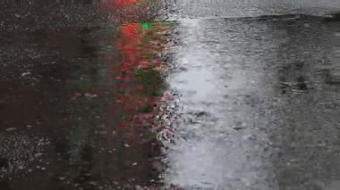 Yağmur damlaları, ıslak asfalt. Sudaki yansıma neon işaretleri. Kapat.