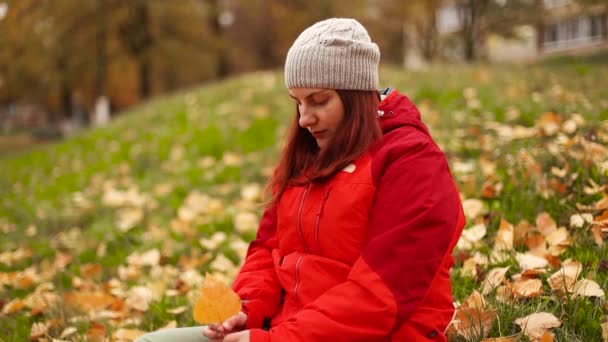 Kaukasische hübsche junge Mädchen in warmen Kleidern genießen die Herbstzeit im Park. Mädchenhand hält ein gefallenes gelbes Blatt — Stockvideo