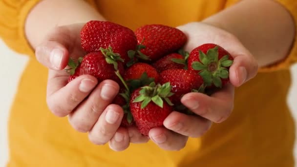Μια ομάδα φράουλας στο γυναικείο χέρι. Υγιεινή διατροφή και τρόπος ζωής — Αρχείο Βίντεο