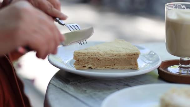 Крупним планом знімок шматочка торта, що стоїть на тарілці, що жінка ріже, сидячи в кафе на обід — стокове відео
