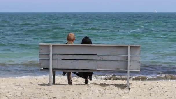 Pareja feliz están sentados en un banco de madera y disfrutar de una hermosa vista del mar en un día soleado. Vista trasera — Vídeo de stock