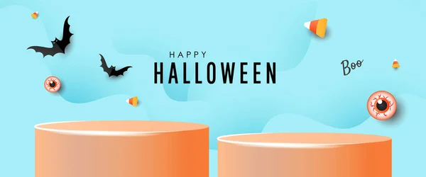 Halloween Podium Plattform Banner Eller Fest Inbjudan Bakgrund Med Godis — Stock vektor