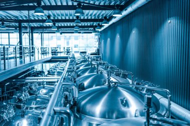 Modern dahili bira üretimi özel bira fabrikası. Bir sıra parlak metal mikro bira fabrikası tankı. Tonlama, yüzeysel alan derinliği, güneş ışığı
