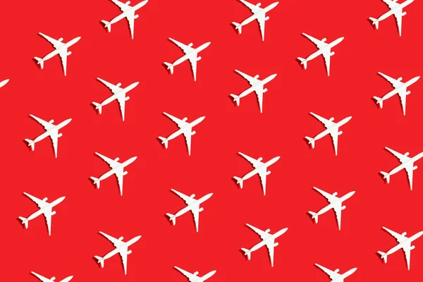 Creative Composition Passenger Plane Pattern Red Background Summer Travel Vacation — Stock Photo, Image