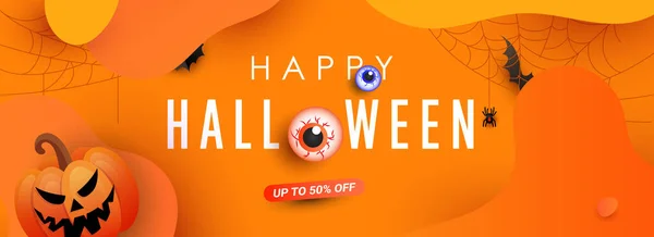 Glad Halloween Festlig Rabatt Banner Med Skrämmande Pumpa Ansikte Spindelnät — Stock vektor