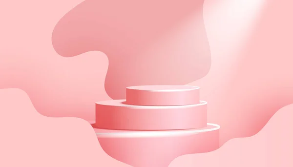 Podio de cilindro con forma de onda y sombra sobre fondo rosa crema, escena mínima con formas geométricas — Vector de stock