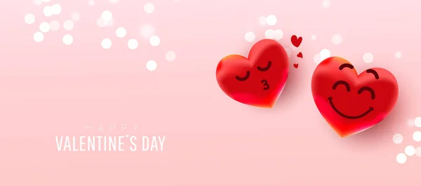 Valentines den abstraktní pozadí se srdečními balónky s roztomilými tvářemi dává vzdušný polibek na růžovém pozadí. Tapeta, leták, pozvánka, plakát, brožura, banner. — Stockový vektor