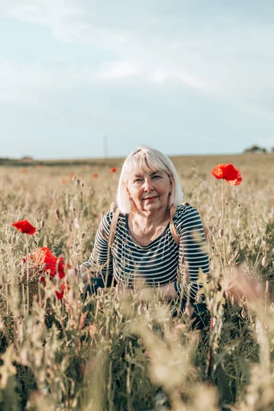 Kaukasiska kvinna hand håller en bukett vallmo blomma på äng bakgrund vid solnedgången — Stockfoto