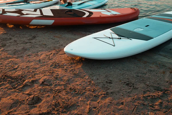 Drie sup boards liggen bij het water op zee bij zonsondergang — Stockfoto