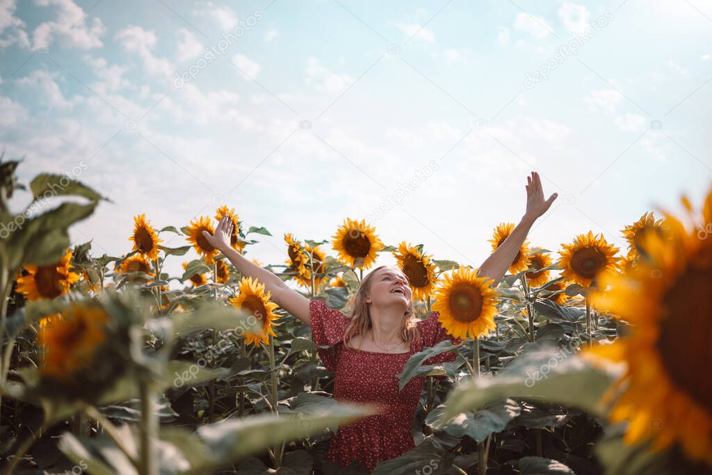 Freedom caucasian millennium girl with blond long hair in the rays of sunlight in a sunflower field in summer. Beautiful panorama of flowering plants in the village. Happy young woman and open hands