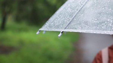 Sokakta yağmurun altında şeffaf şemsiyeli kadın, yakın plan.