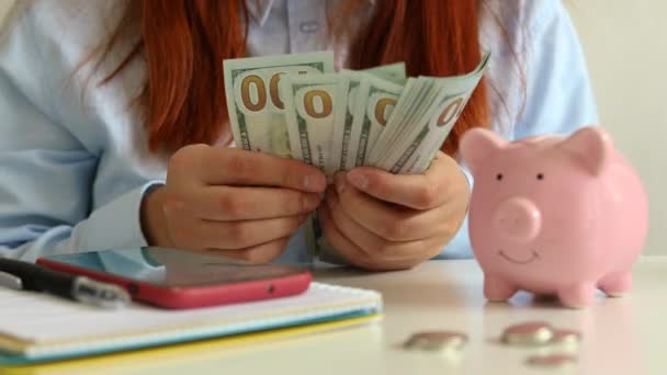 Mujer contando dinero y tomando notas en casa — Vídeos de Stock