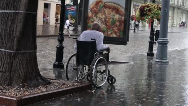 Tekerlekli sandalyede oturan engelli yaşlı adam. Şehir caddesinde sağanak yağmur altında. — Stok video