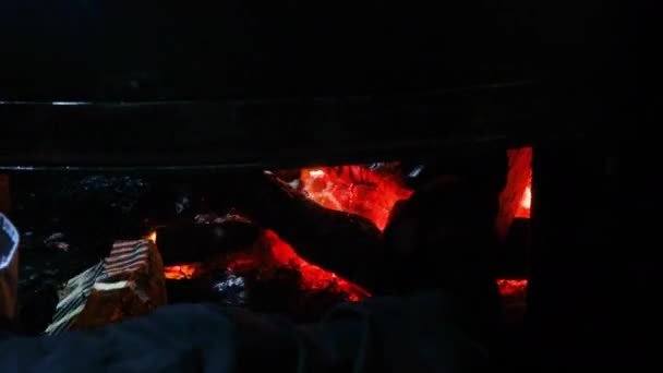 Mans mão coloca troncos de madeira em um forno de grelha em chamas — Vídeo de Stock