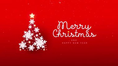 Beyaz kar tanesi ağacıyla süslü kırmızı Noel arkaplanı ve Mutlu Noeller ve mutlu yıllar mesajı. Kutlama minimalist tebrik kartı, bayram animasyonu, kış kutlaması konsepti.
