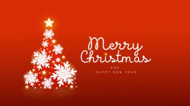 4K Mutlu Noeller ve Mutlu Yıllar tebrik kartı. Beyaz karlı bir Noel ağacı ve arka planda bokeh, kıvılcımlı, parıltılı yıldız süslemeleri..