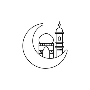 Müslüman ayı ve cami vektör ikonunu çiziyor. Ramazan kareem sembolü, Vektör illüstrasyonu C