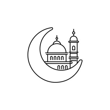Müslüman ayı ve cami vektör ikonunu çiziyor. Ramazan Kareem sembolü, Vektör illüstrasyonu