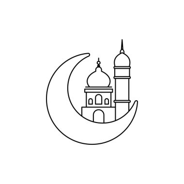 Müslüman ayı ve cami vektör ikonunu çiziyor. Ramazan Kareem sembolü, Vektör illüstrasyonu