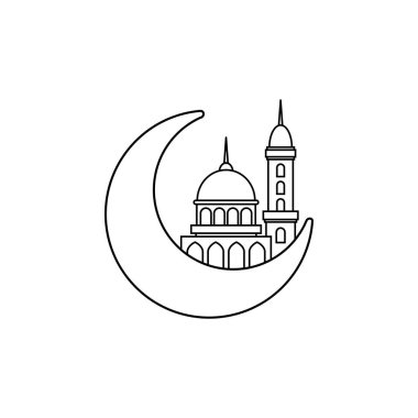 Müslüman ayı ve cami vektör ikonunu çiziyor. Ramazan Kareem sembolü, Vektör illüstrasyonu