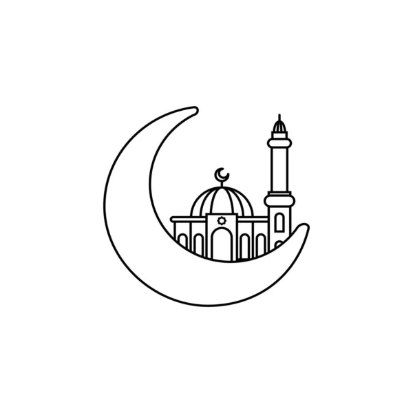 イスラム教徒の月とモスクの輪郭ベクトルアイコン ラマダーンのカレムのシンボルベクトルイラスト — ストックベクタ