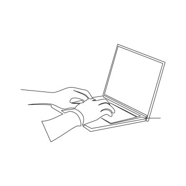 Dizüstü bilgisayarla oynarken sürekli bir çizgi çiz. İş ve eğitim kavramları. Vektör illüstrasyonu