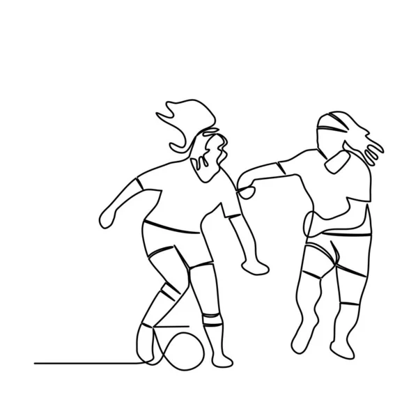 Disegno Linee Giocatore Calcio Con Due Giovani Donne Che Dribblano — Vettoriale Stock