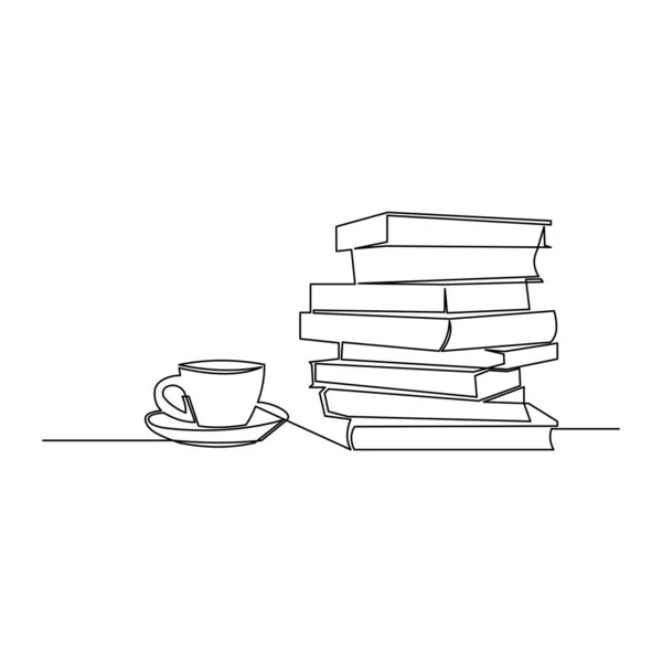 図書館のテーブルの上にコーヒーを飲みながら 本の連続した列を描きます ビジネスと教育の概念 ベクターイラスト — ストックベクタ