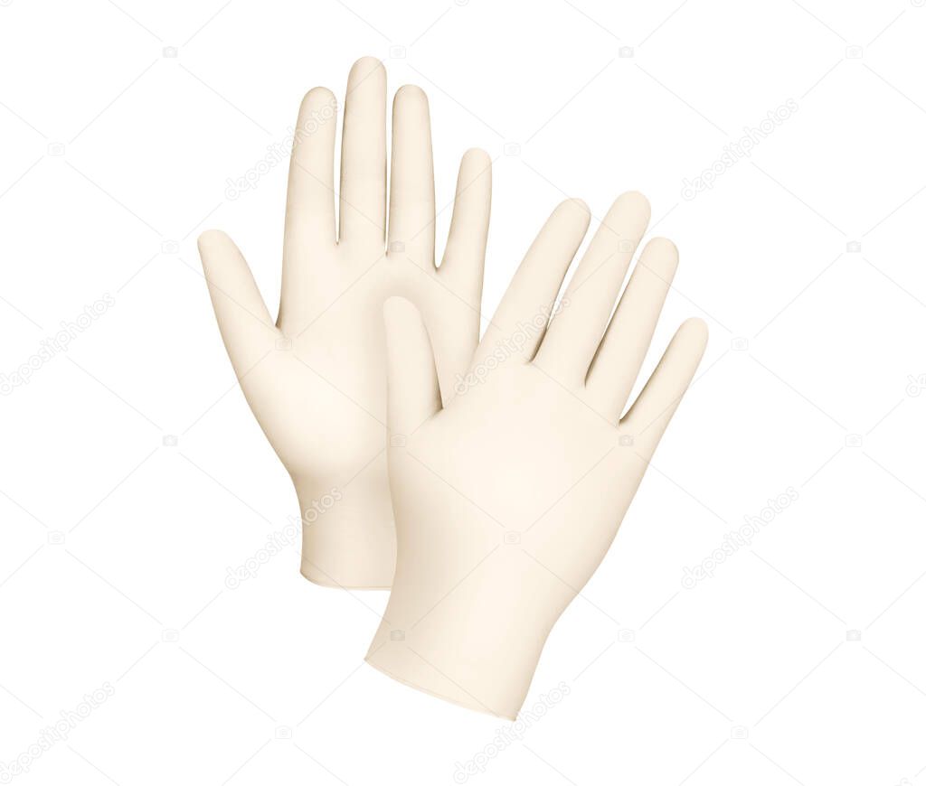 Medical gloves.Two yellow surgical gloves isolated on white background with hands. Rubber glove manufacturing, human hand is wearing a latex glove. Doctor or nurse putting on protective gloves