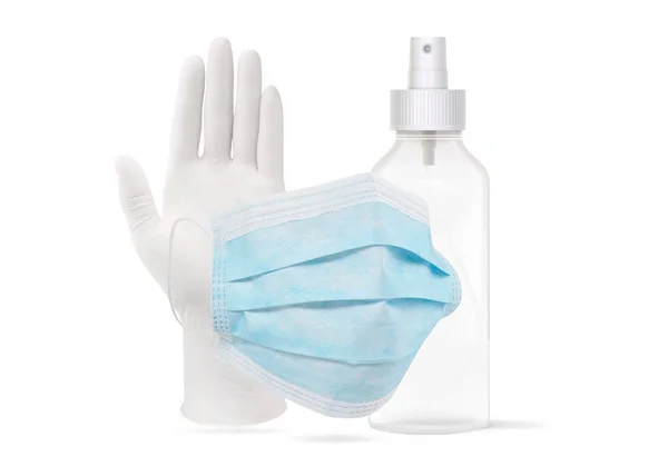 Ochronne Chirurgiczne Jednorazowe Rękawice Lateksowe Medyczna Maska Twarz Butelka Żelem — Zdjęcie stockowe