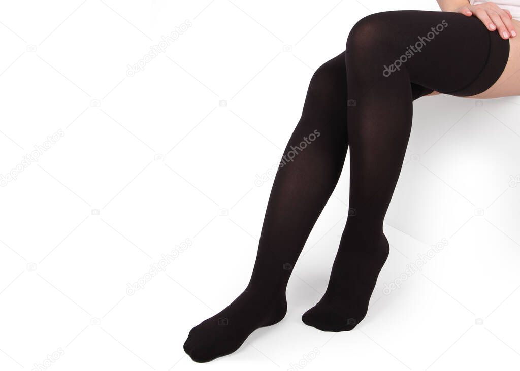 Closed toe stockings. Compression Hosiery. Medical stockings, tights, socks, calves and sleeves for varicose veins and venouse therapy. Clinical knits. Sock for sports isolated on white background