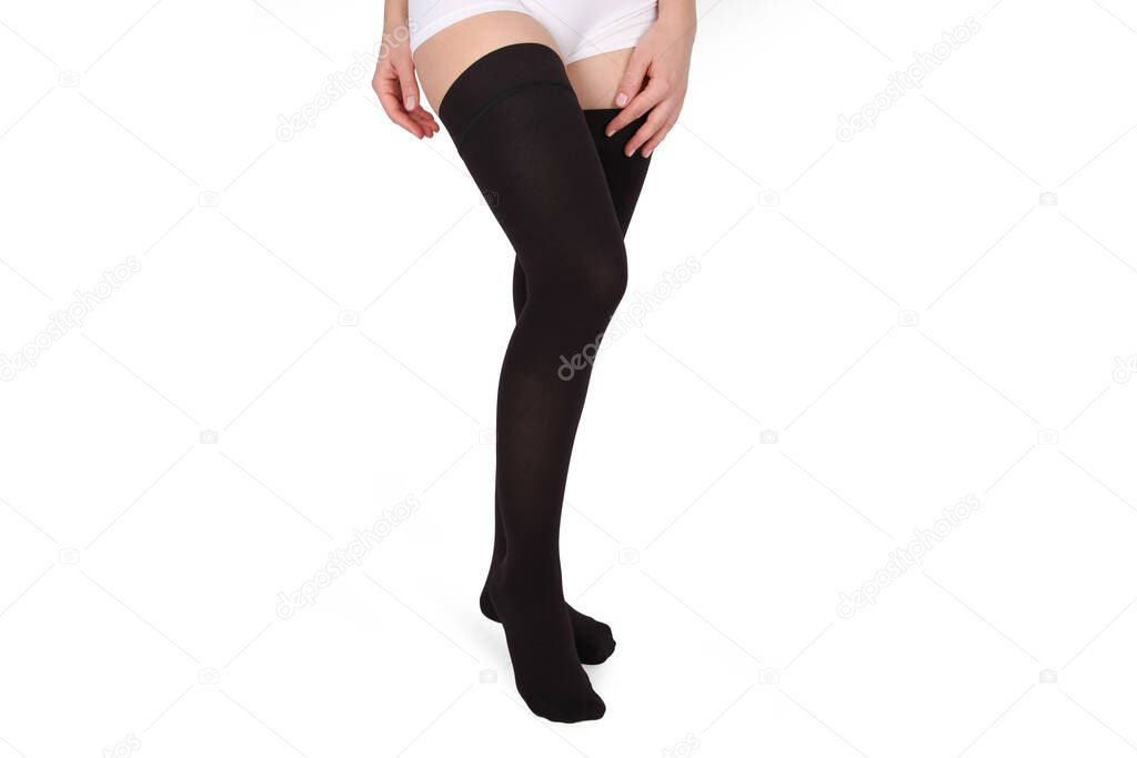 Closed toe stockings. Compression Hosiery. Medical stockings, tights, socks, calves and sleeves for varicose veins and venouse therapy. Clinical knits. Sock for sports isolated on white background