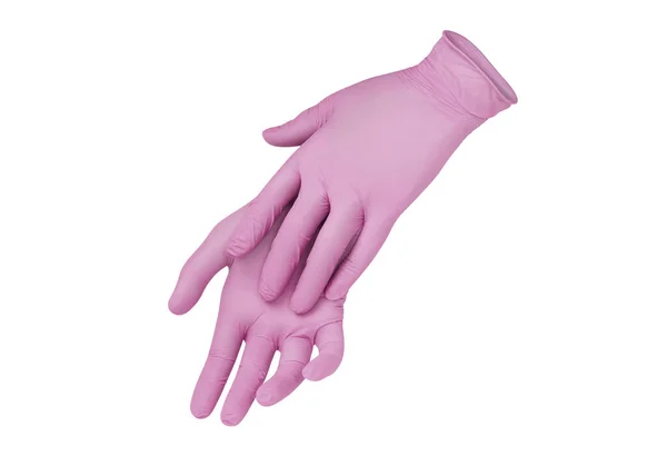 Zwei Rosa Chirurgische Handschuhe Isoliert Auf Weißem Hintergrund Mit Händen — Stockfoto
